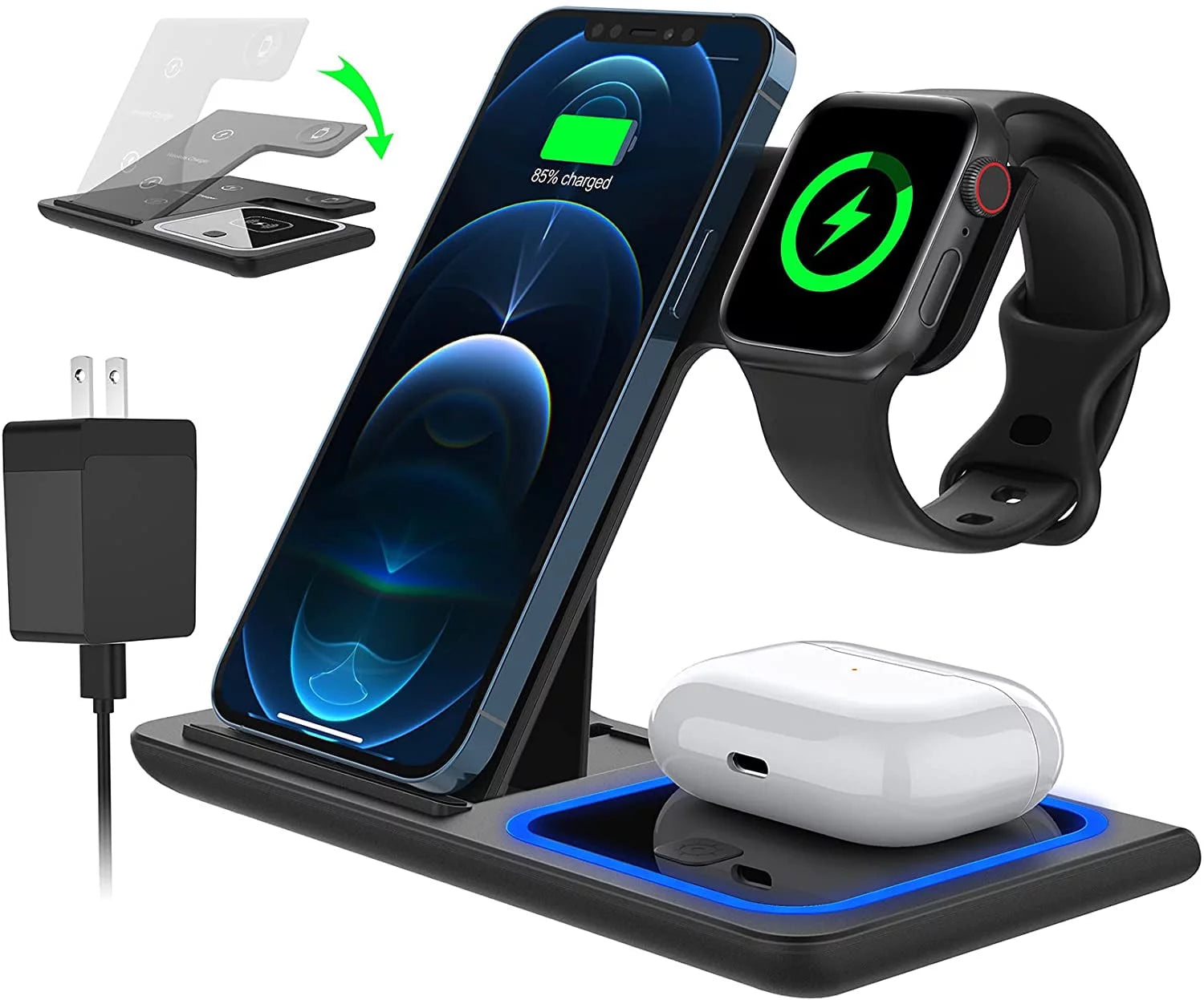 3 in 1 Wireless Charger, 18W Fast Charger Pad Stand Charging Station Dock for Iwatch Series SE 8/7/6/5/4/3 Airpods Pro/3/2 for Iphone 15/14/13/12 /11/Pro Max/12 Mini /XR (With QC3.0 Adapter)